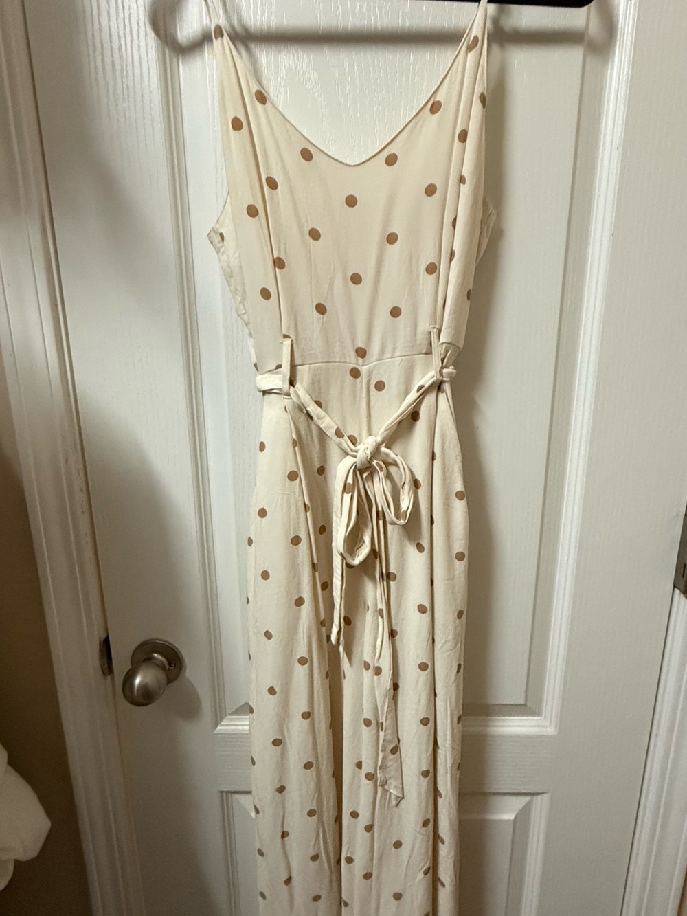 American Eagle Outfitters Cream capri length jumpsuit with Tan Polka Dots